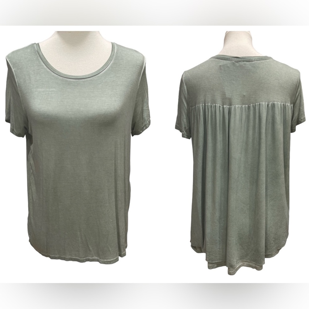 Keren Hart Sage Green Short Sleeve Sheer Mesh Overlay Knit Top New